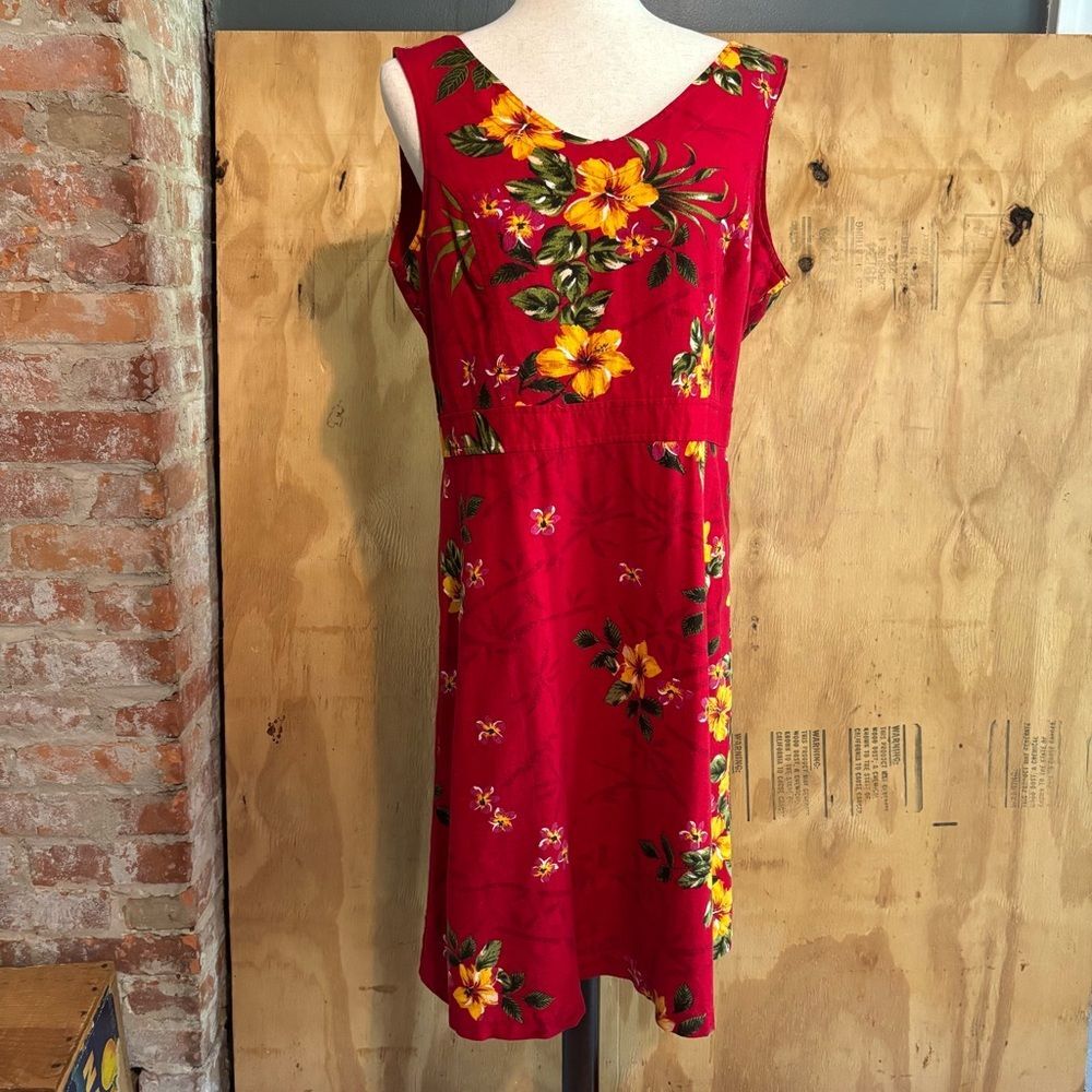Vintage ERIKA Linen Blend Sleeveless Red Floral Dress Sz  L